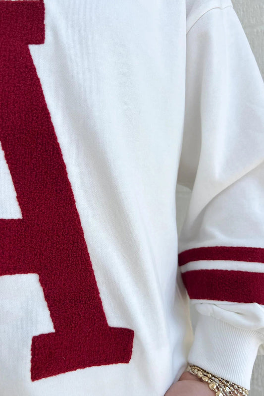 Red Dahlia Chenille Letter A Varsity Striped V Neck Sweatshirt