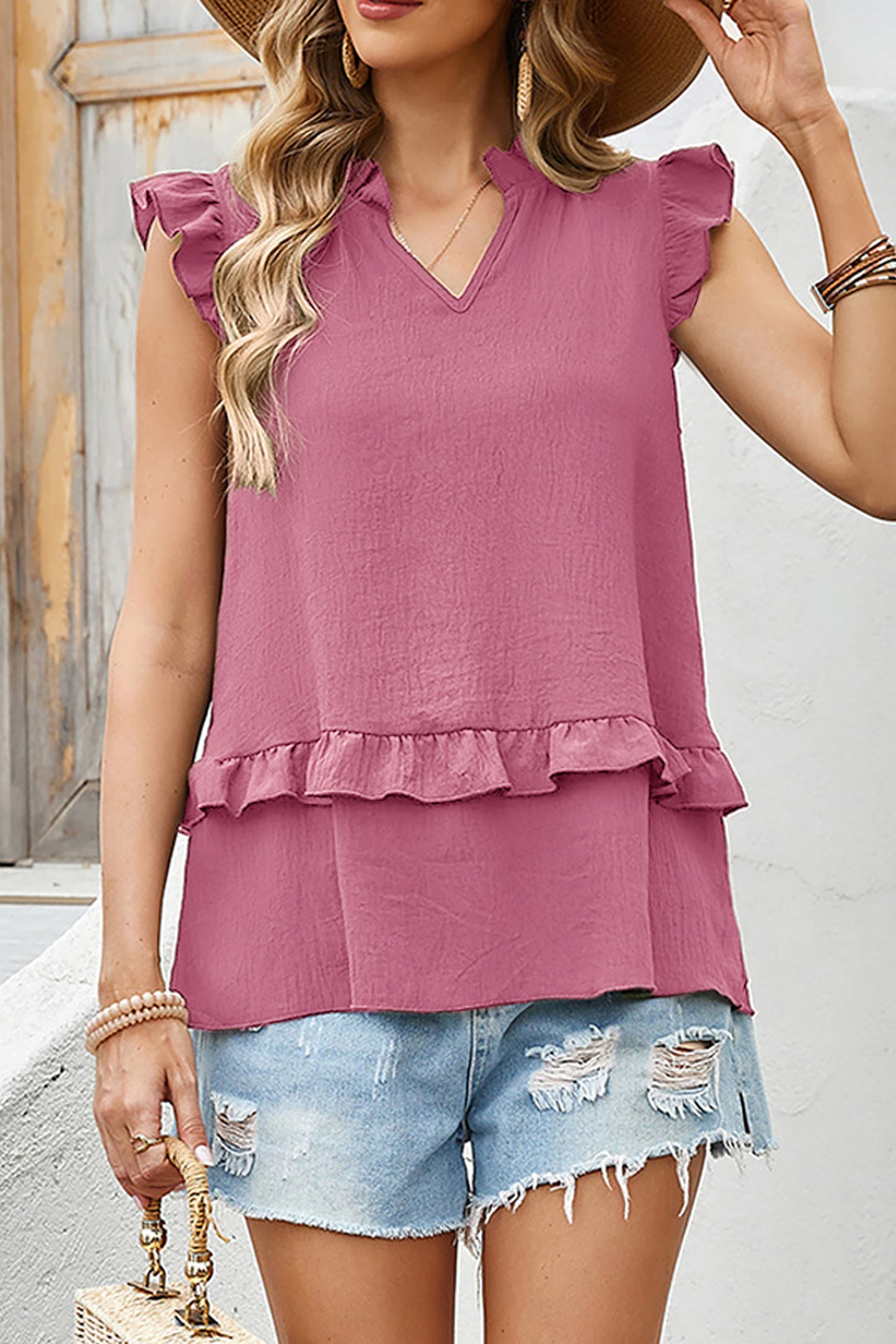 Notched V Neck Ruffle Detail Tank Top -3 COLOR OPTIONS