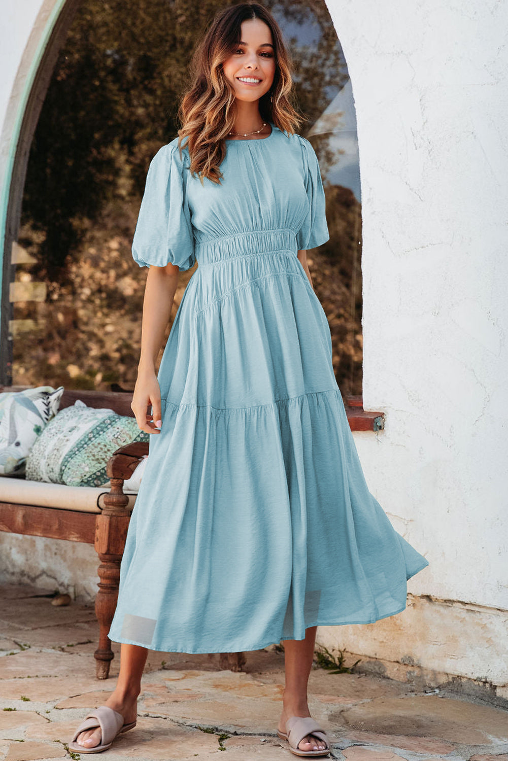 Puff Sleeve High Waist Flowy Midi Dress -2 COLOR OPTIONS