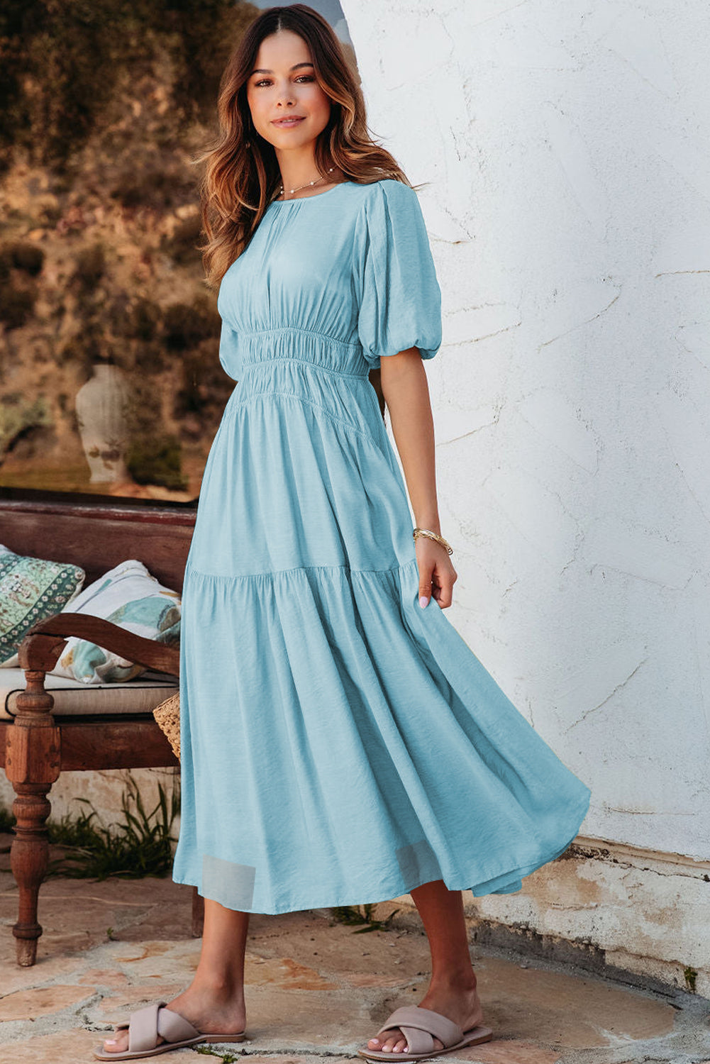 Puff Sleeve High Waist Flowy Midi Dress -2 COLOR OPTIONS