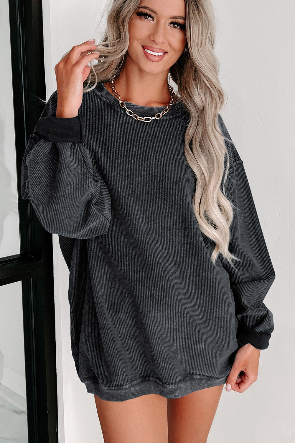 Solid Ribbed Round Neck Pullover Sweatshirt -Variety of Colors