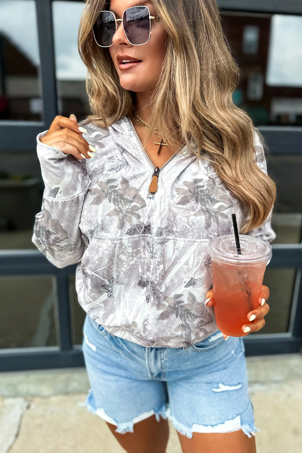 Gray Camo Leaf Print Kangaroo Pocket Quarter Zip Hoodie