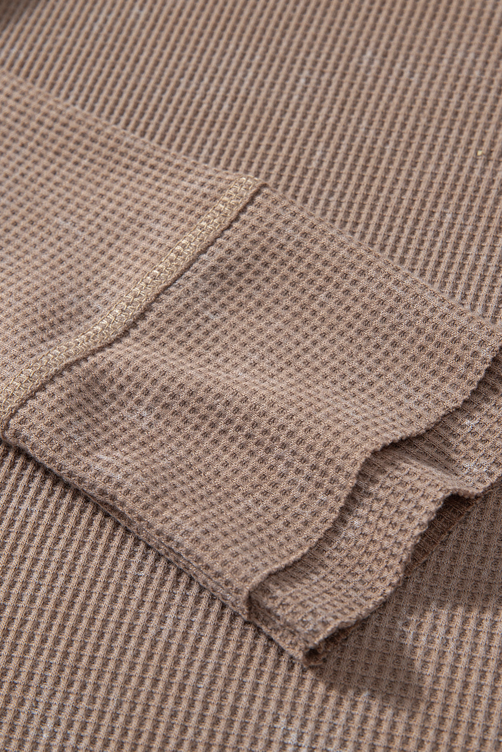 Coffee Button V Neck Waffle Knit Top
