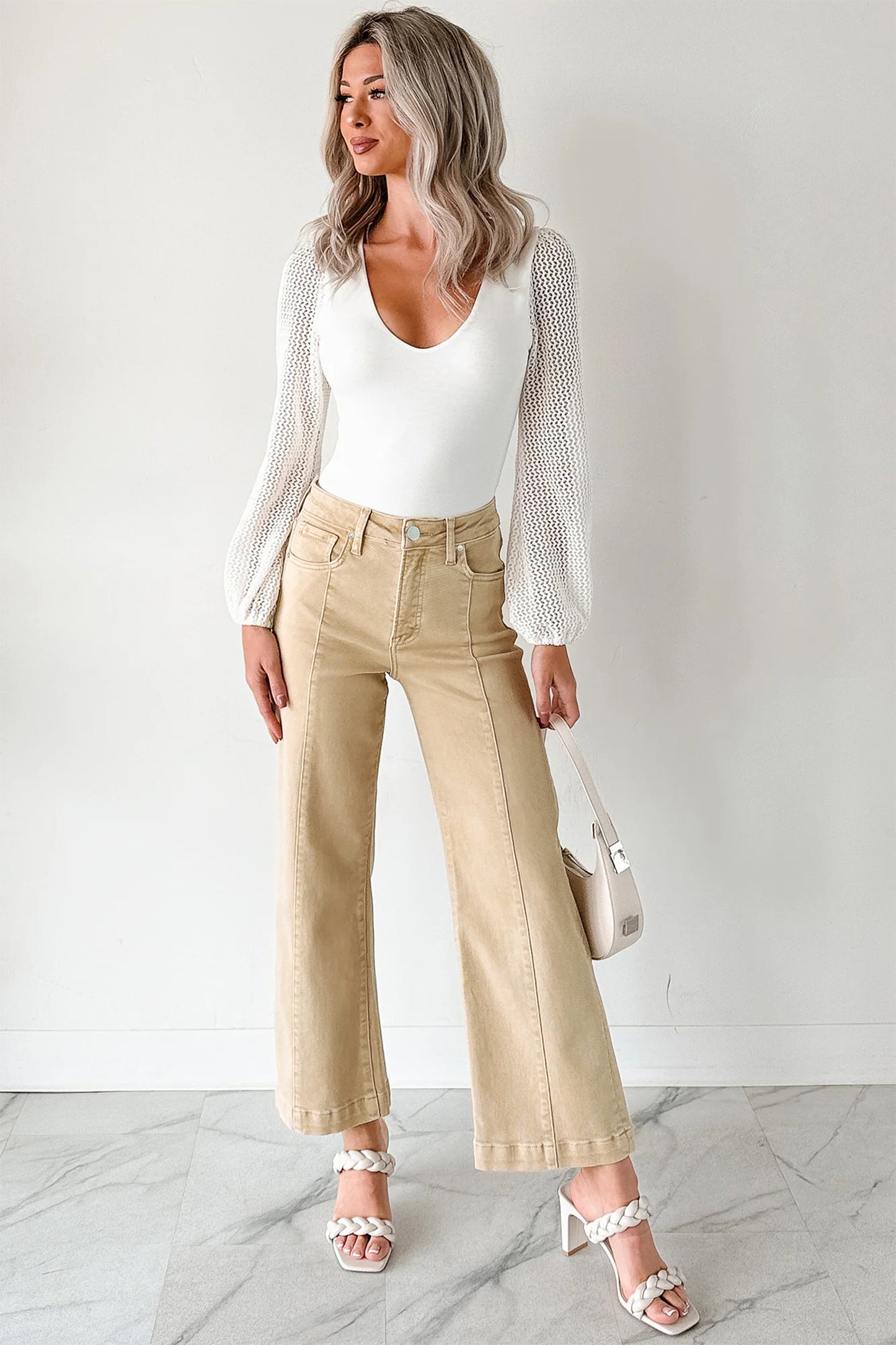 Solid Color Seamed Center Wide Leg Cropped Jeans -2 COLOR OPTIONS