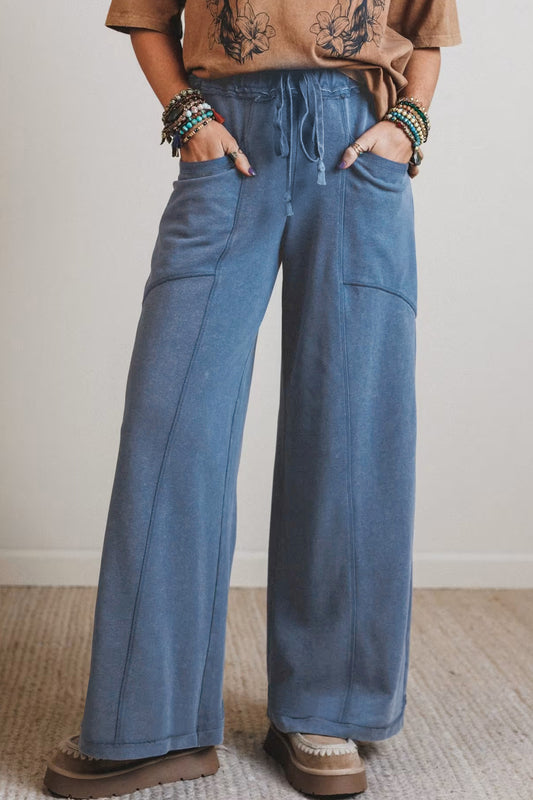 Mineral Wash Drawstring Retro High Waist Wide Leg Western Pants -2 COLOR OPTIONS
