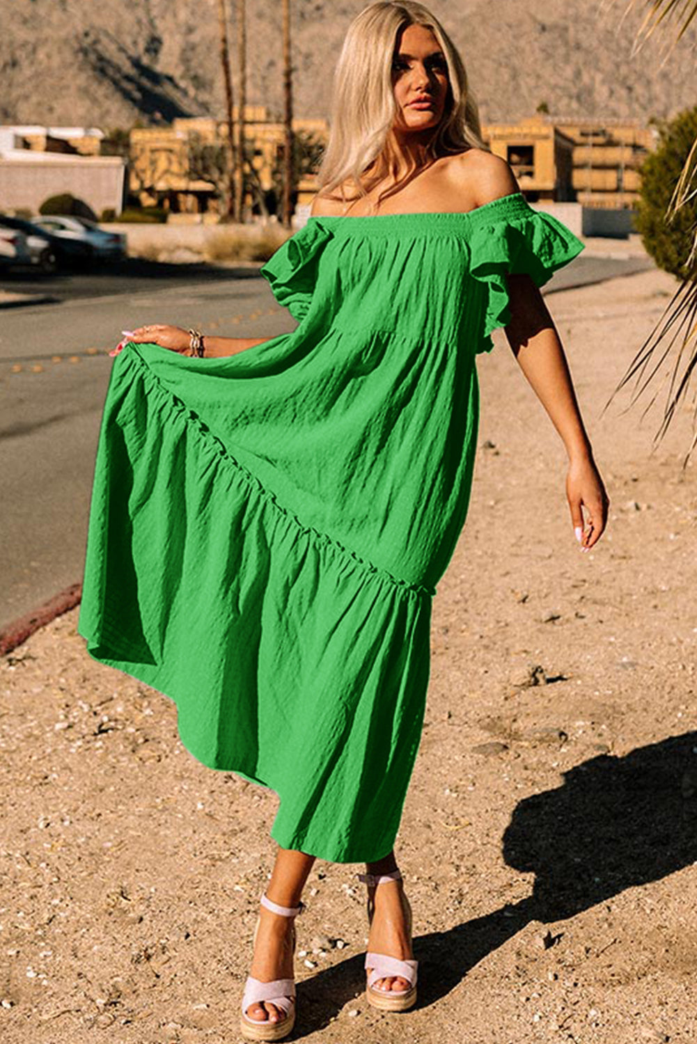 Green Ruffled Flutter Sleeve Square Neck Textured Tiered Maxi Dress