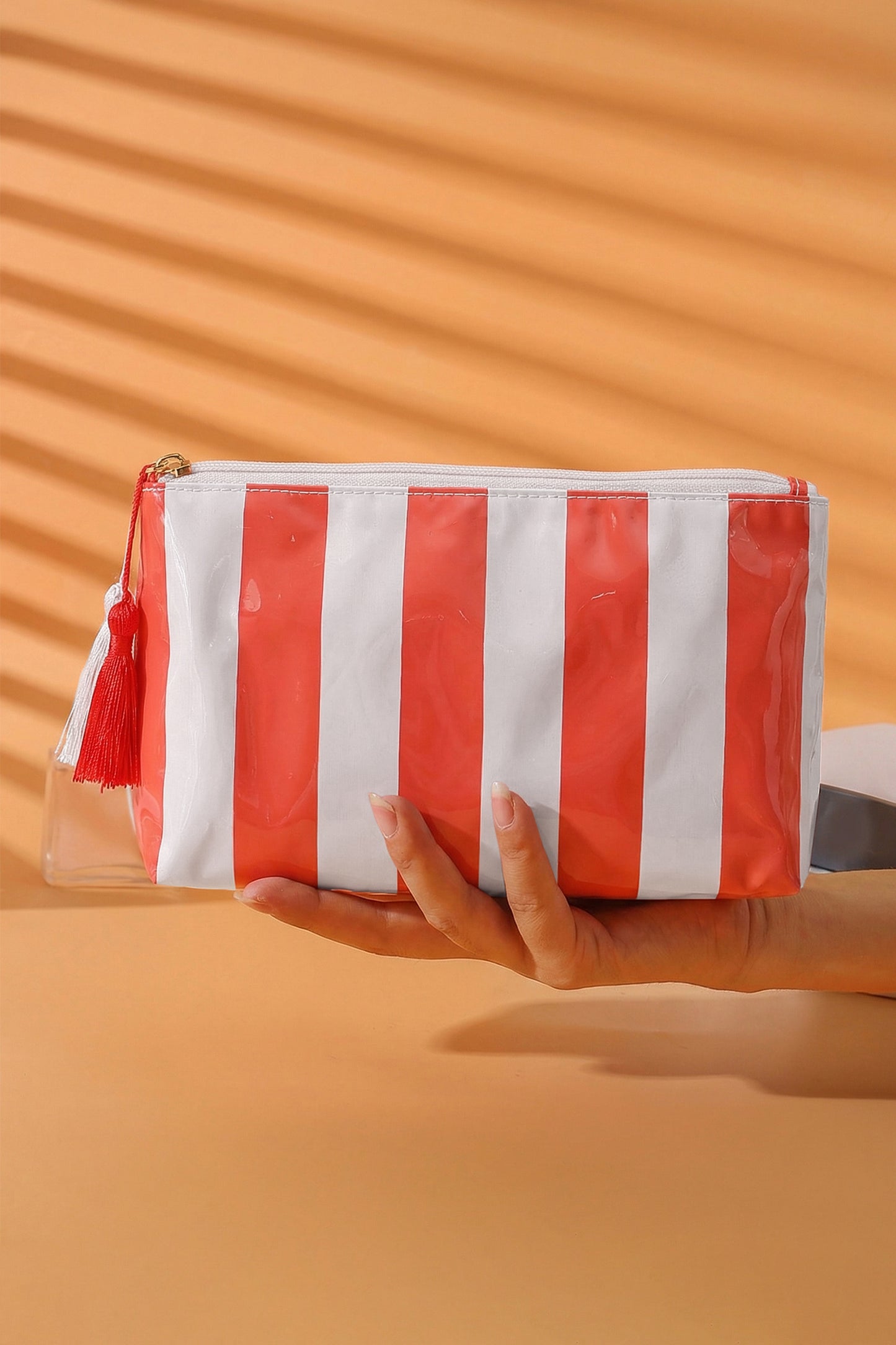 Striped Vinyl Waterproof Tassel Zipper Makeup Bag- 4 COLOR OPTIONS