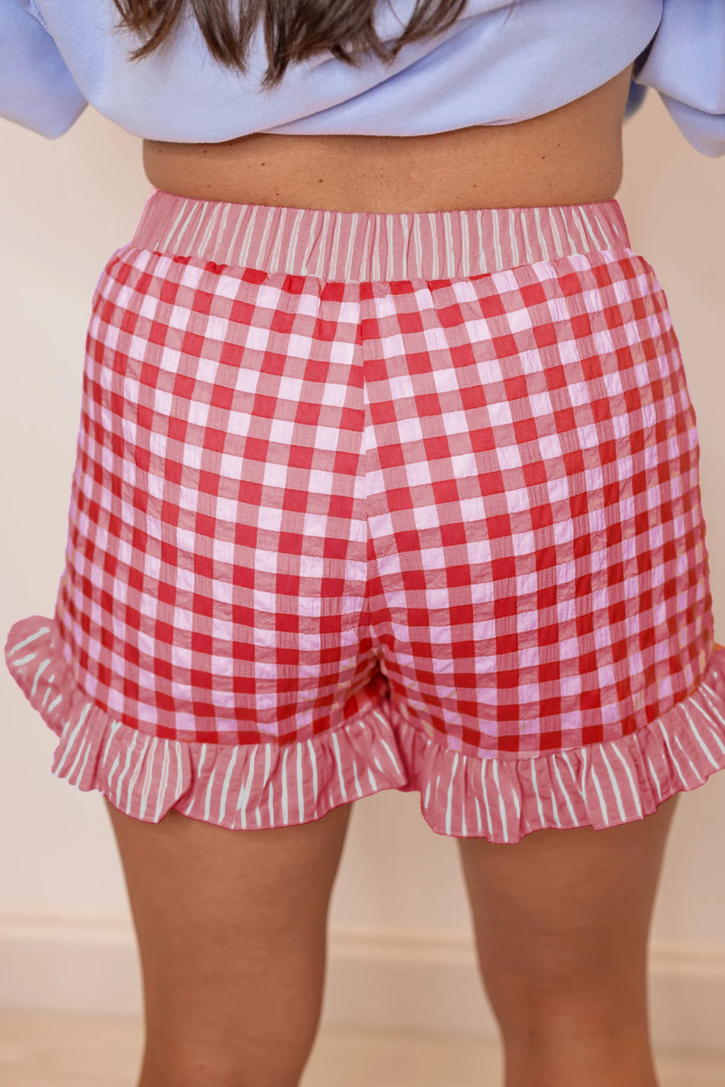 Gingham Print Ruffle Striped Detail Lace Tie Shorts -3 COLOR OPTIONS