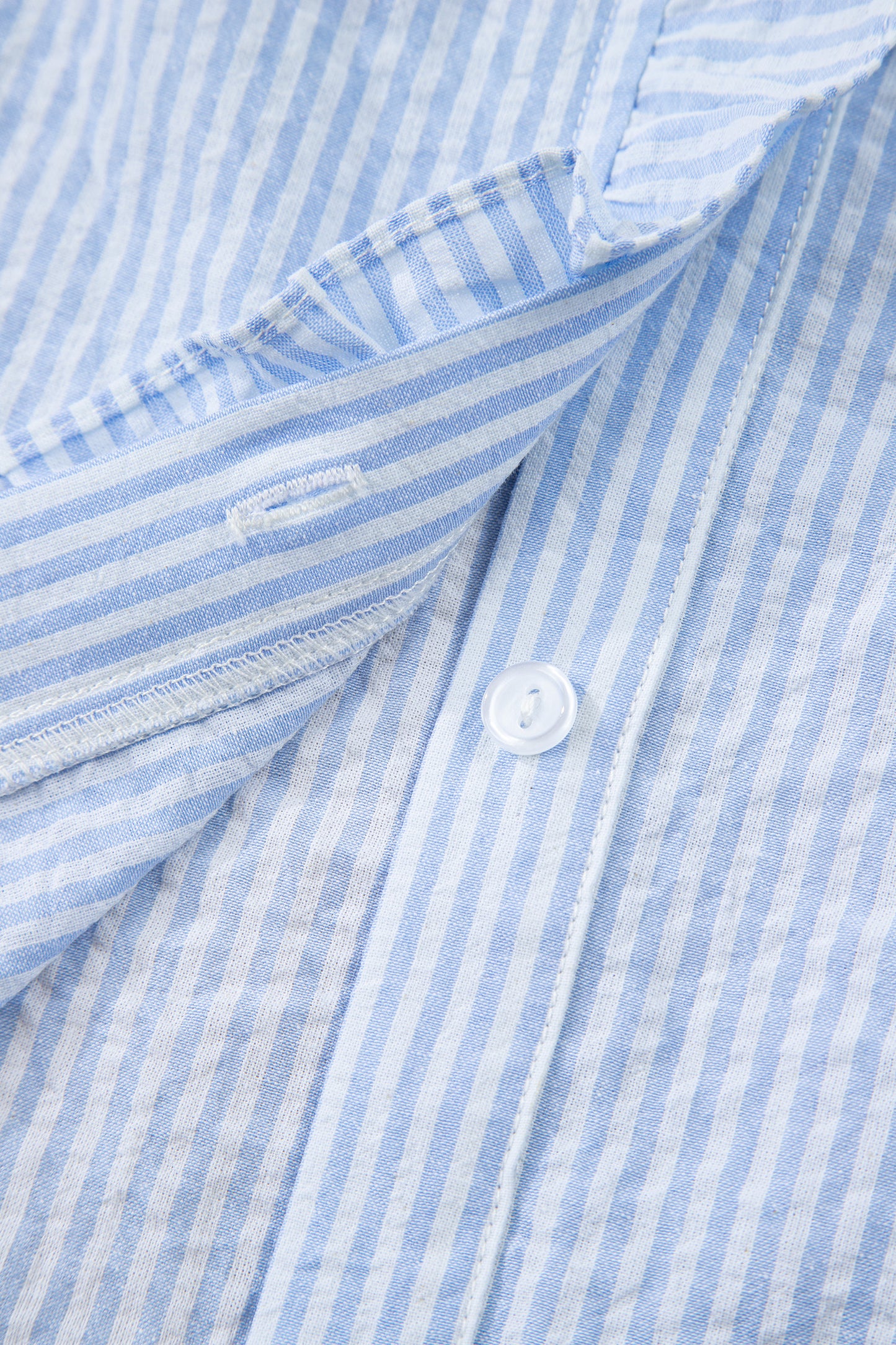 Sky Blue Stripe Floral Embroidered Puff Sleeve Ruffle Trim Shirt