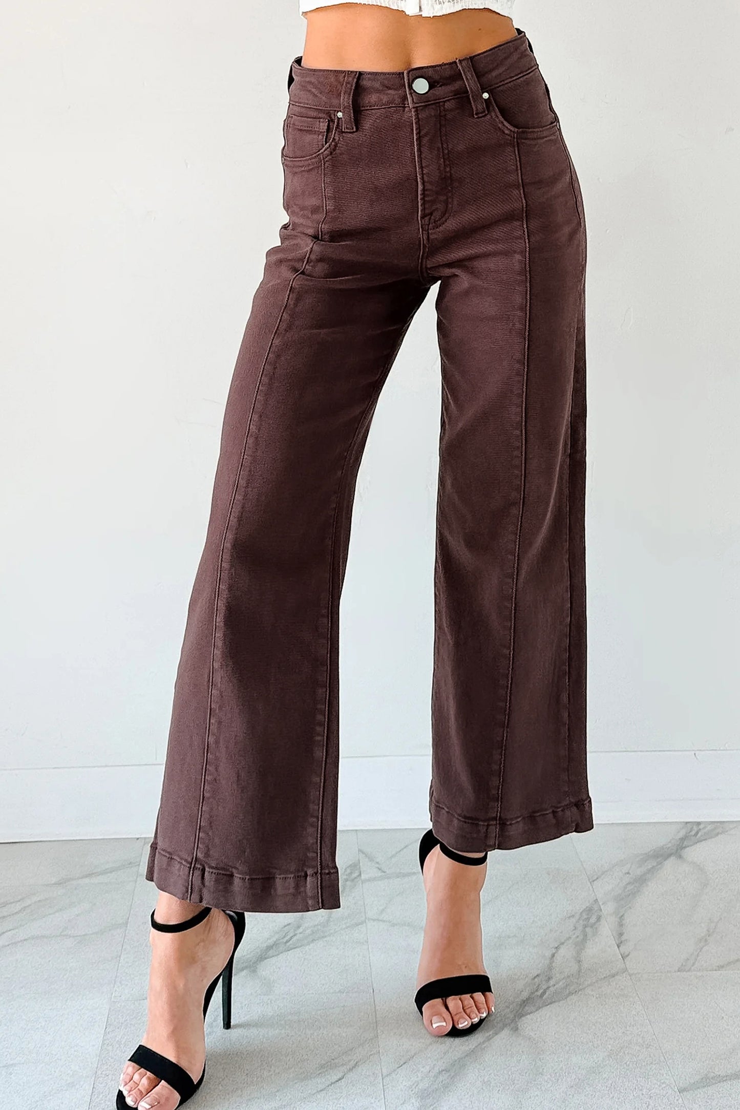 Solid Color Seamed Center Wide Leg Cropped Jeans -2 COLOR OPTIONS