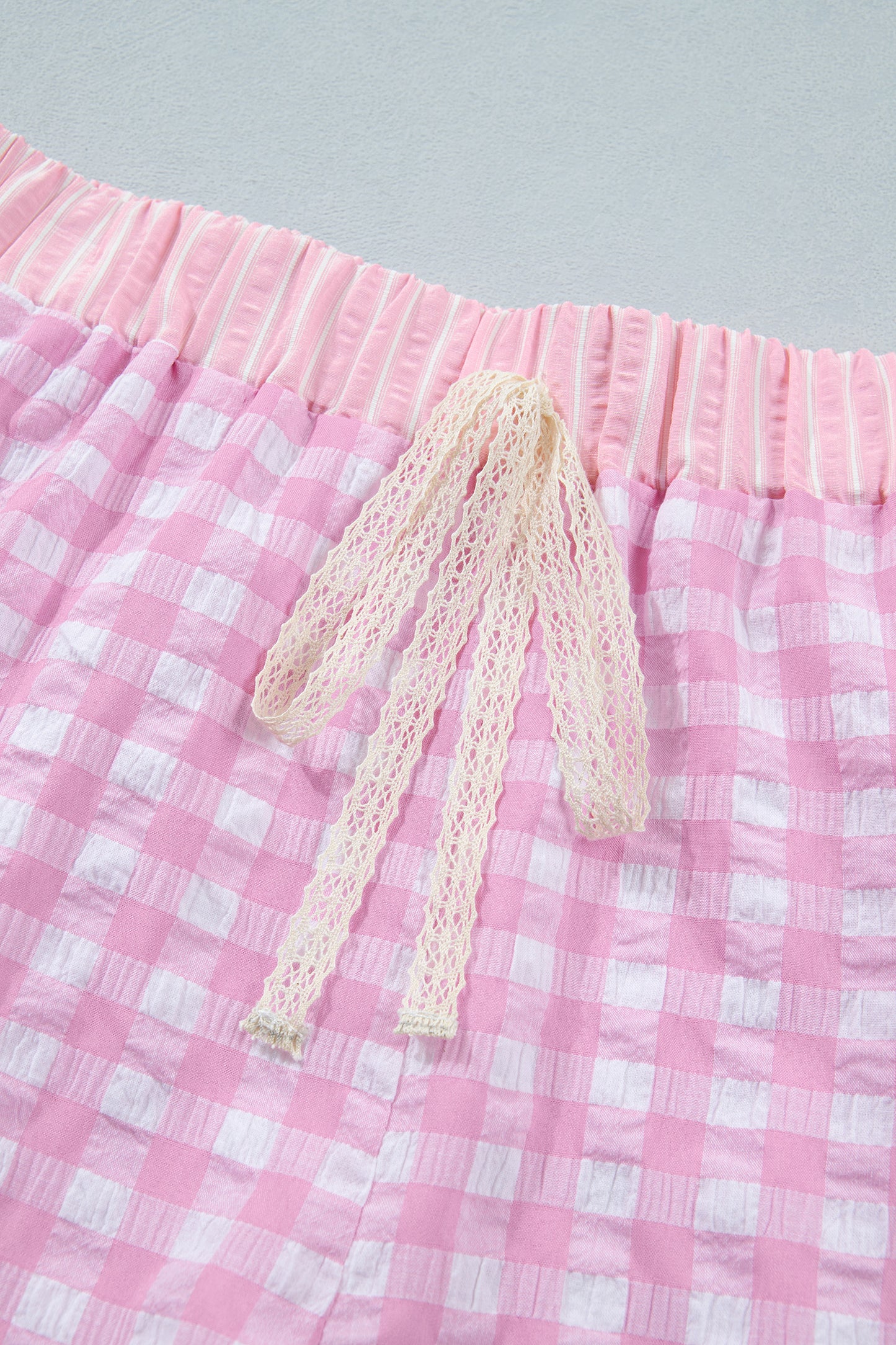 Gingham Print Ruffle Striped Detail Lace Tie Shorts -3 COLOR OPTIONS