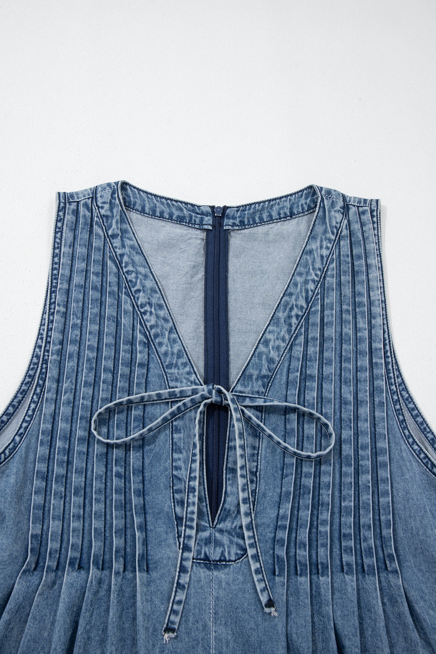 Dusk Blue Acid Wash Pintuck Tie V Neck Denim Wide Leg Jumpsuit