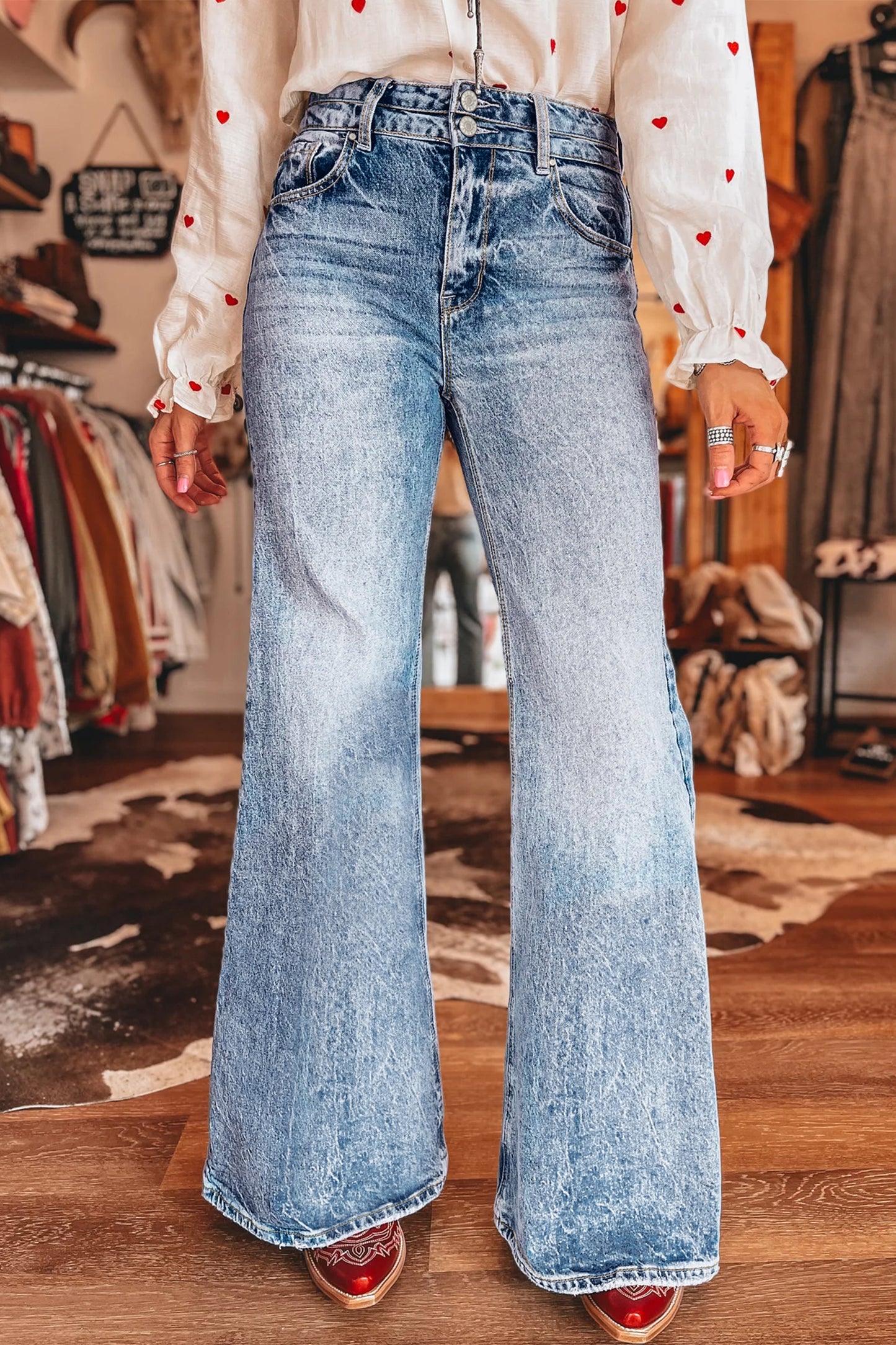 Blue Acid Wash Pocket Detail Flare Jeans -2 COLOR OPTIONS