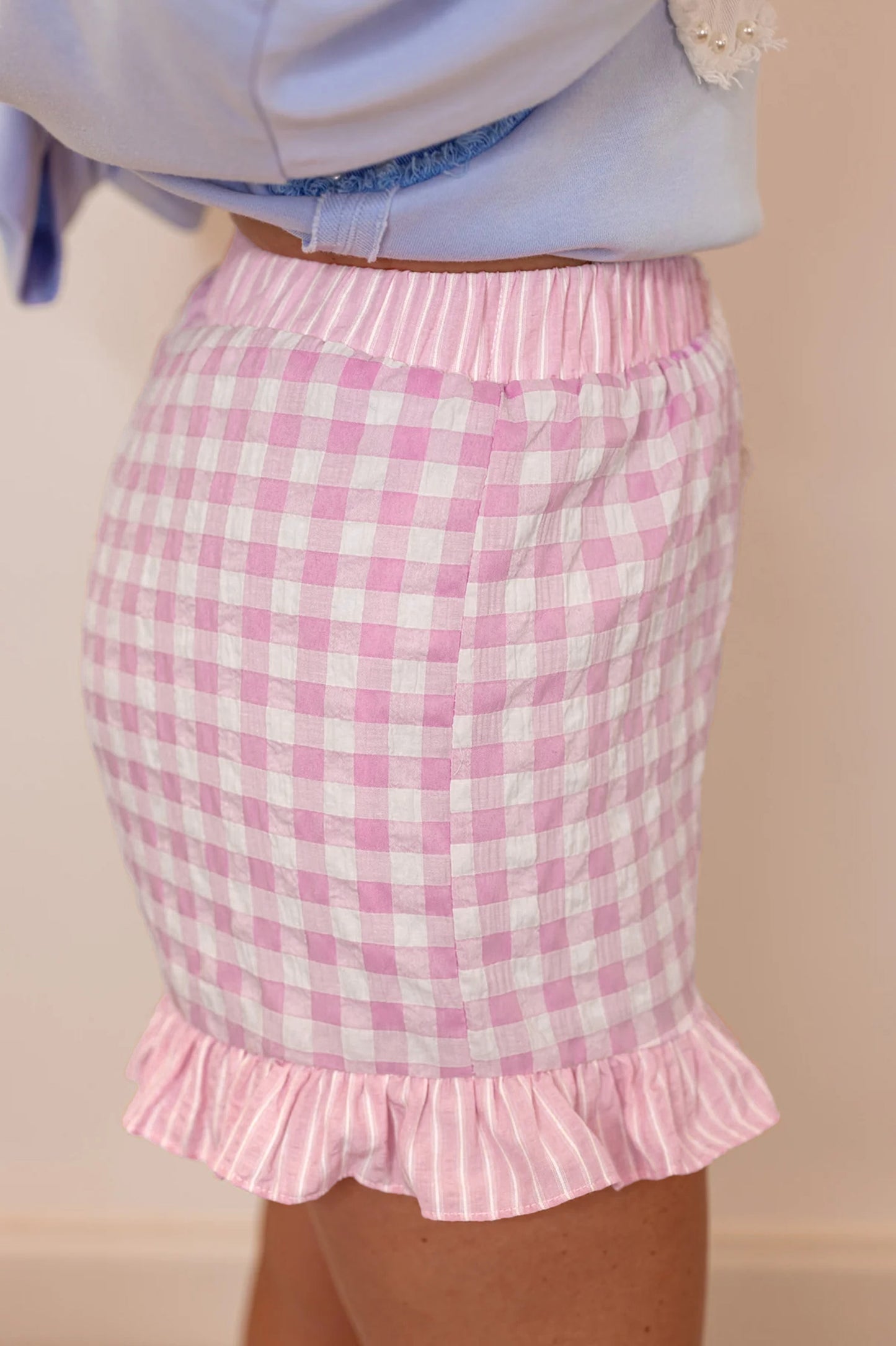Gingham Print Ruffle Striped Detail Lace Tie Shorts -3 COLOR OPTIONS