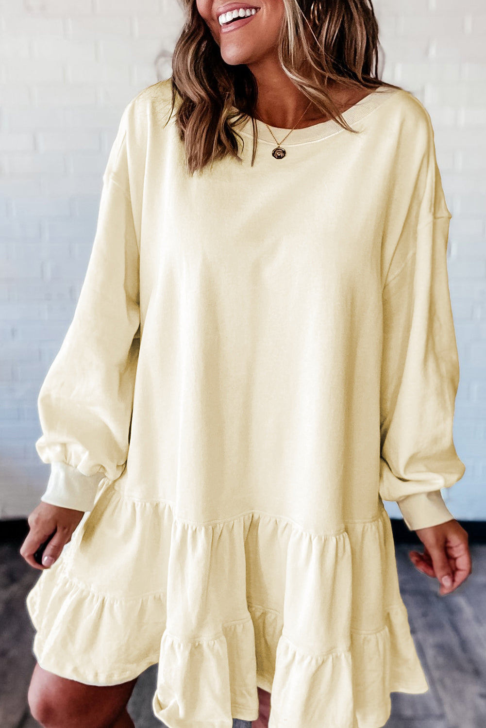 Double Tiered Ruffle Hem Long Sleeve Loose Mini Dress