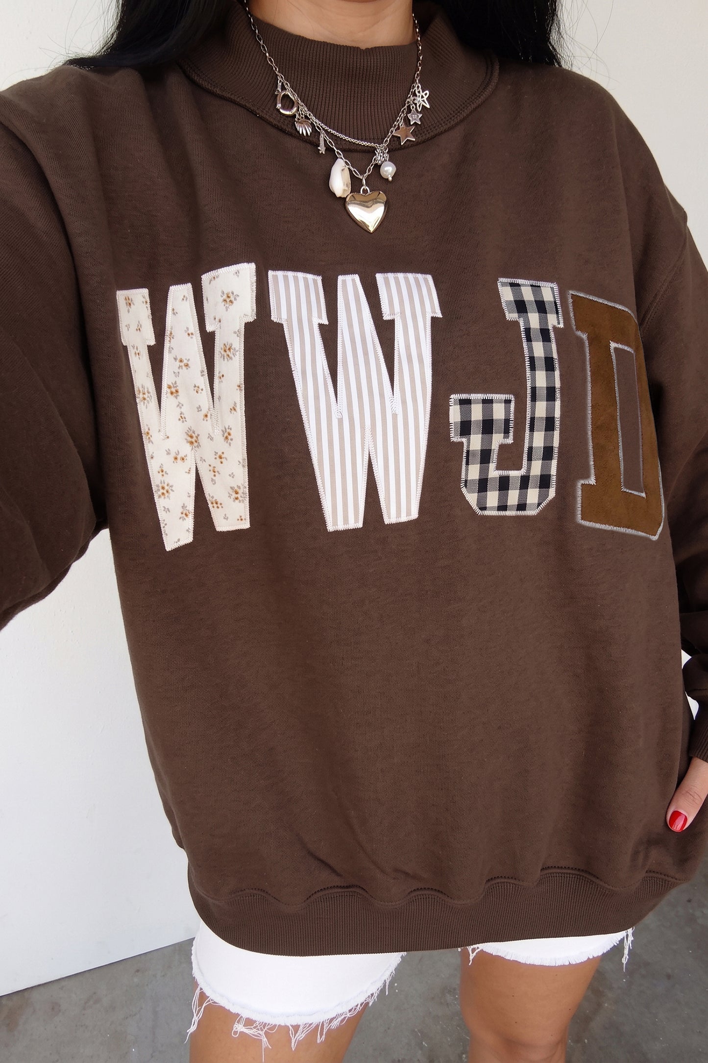 WWJD Mixed Pattern Embroidered Patch Graphic Mock Neck Sweatshirt -3 COLOR OPTIONS