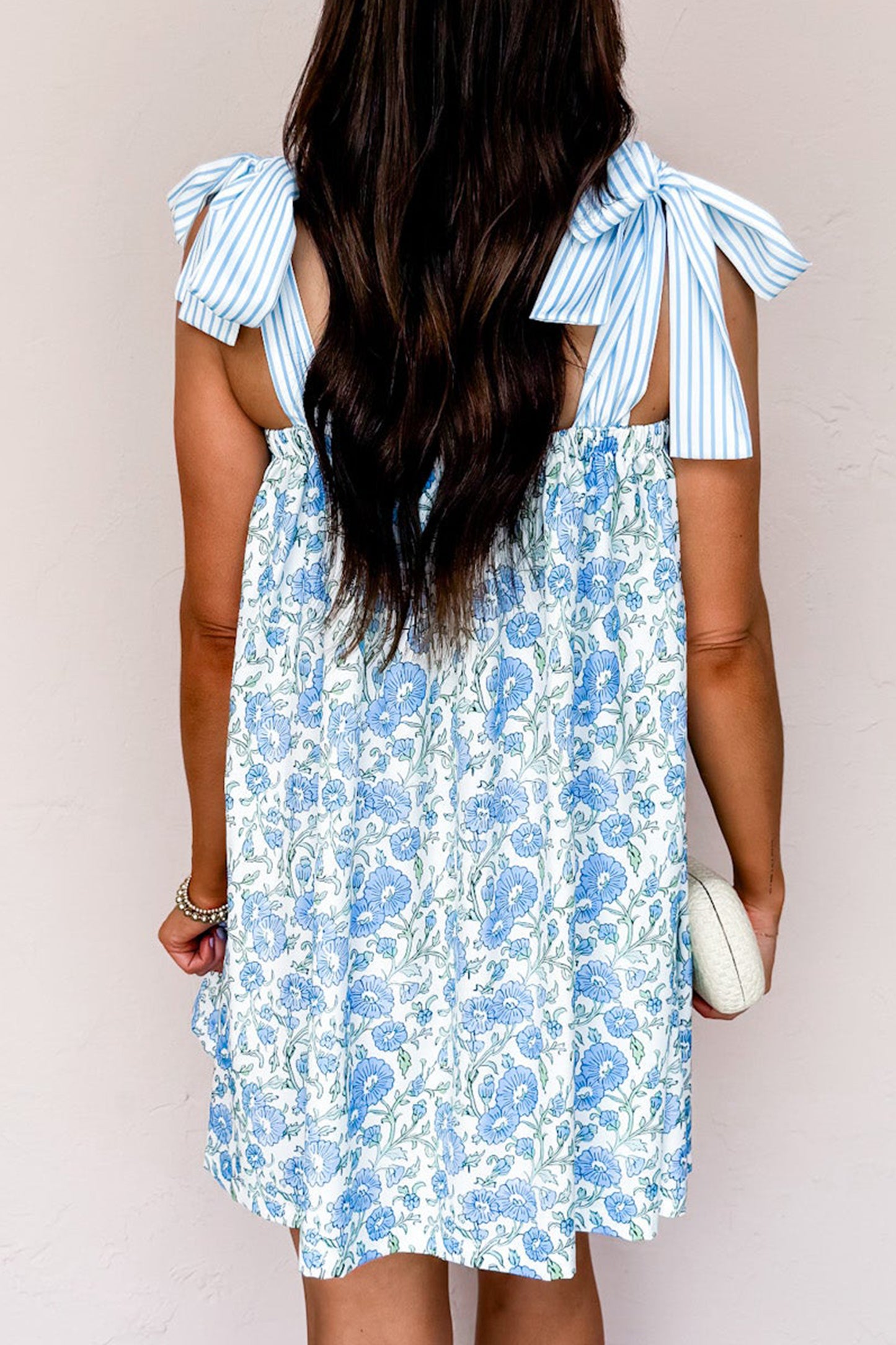 Floral Print Striped Patchwork Bow Knot Straps Mini Dress -2 COLOR OPTIONS