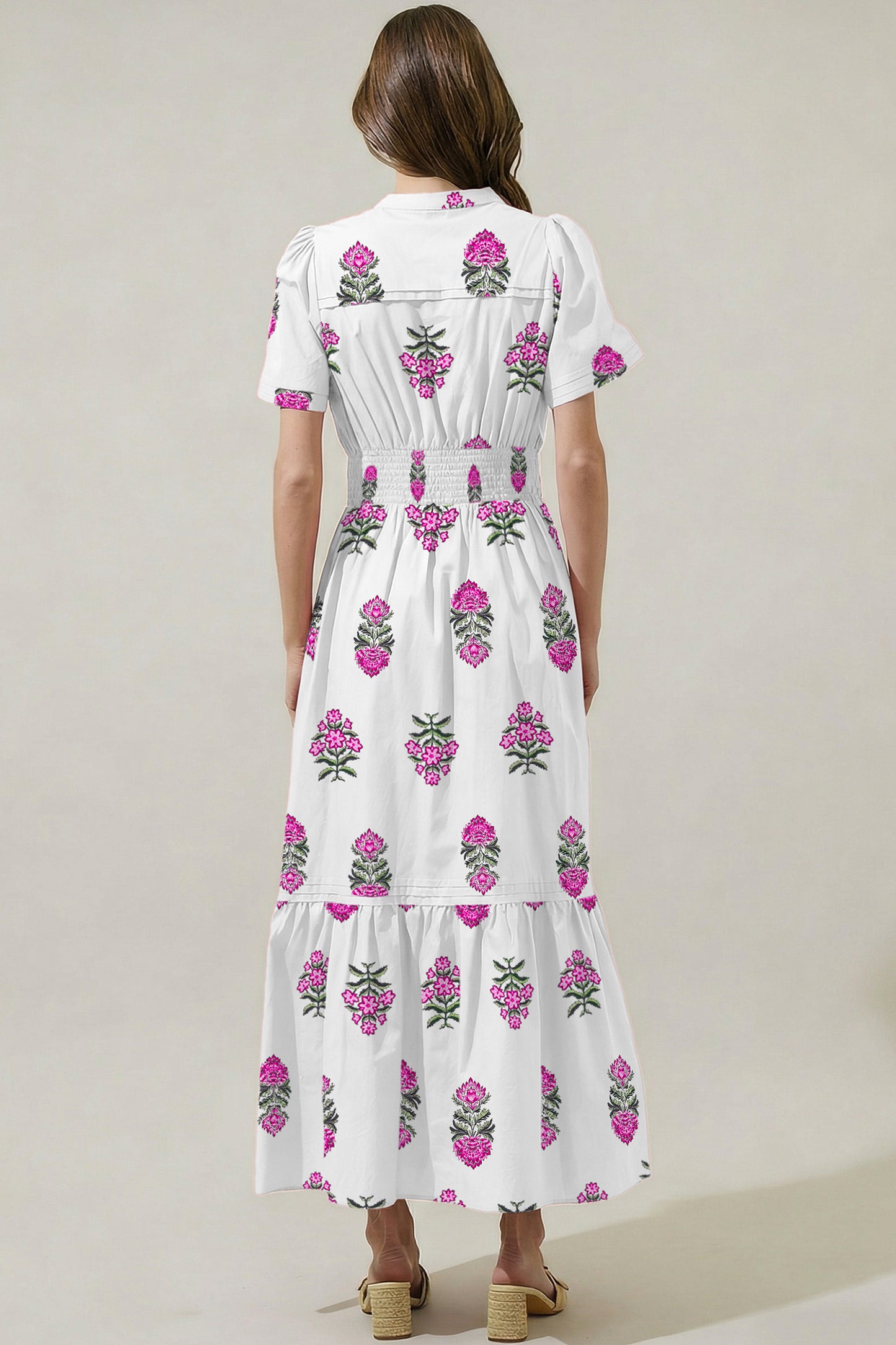 Floral Print Split Neck Shirred High Waist Ruffle Hem Maxi Dress -2 COLOR OPTIONS
