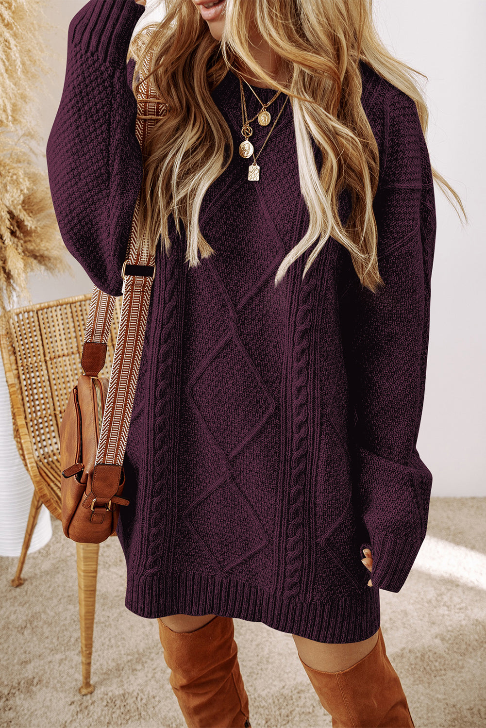 Cable Knit Drop Shoulder Loose Fit Sweater Dress -2 COLOR OPTIONS