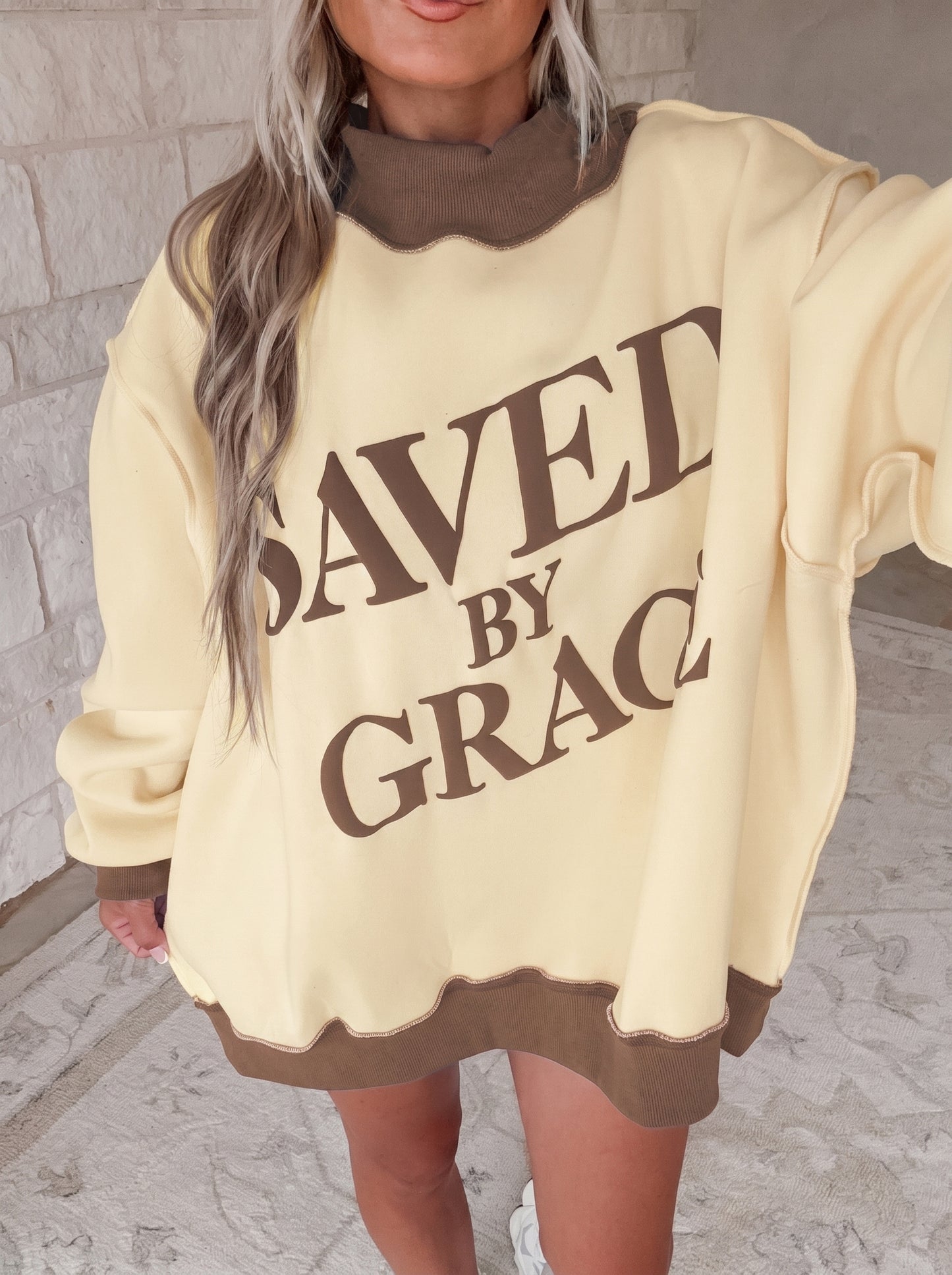 Saved By Grace Print Color Block Mock Neck Oversized Sweatshirt -2 COLOR OPTIONS