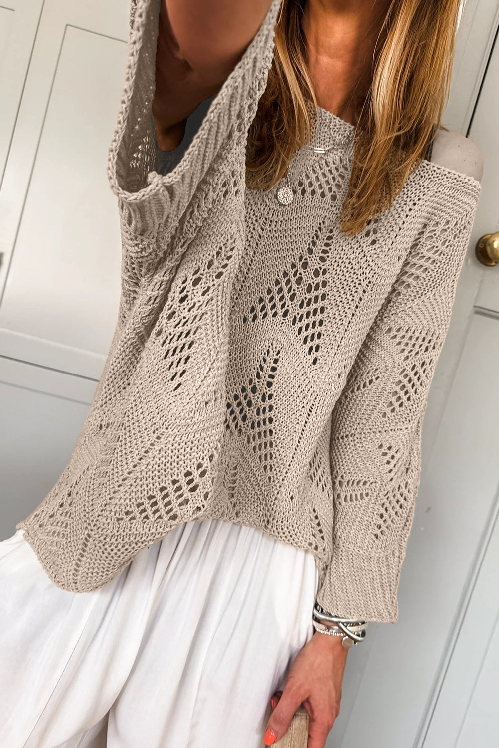 Hollow Out Knit 3/4 Sleeve Casual Sweater -2 COLOR OPTIONS