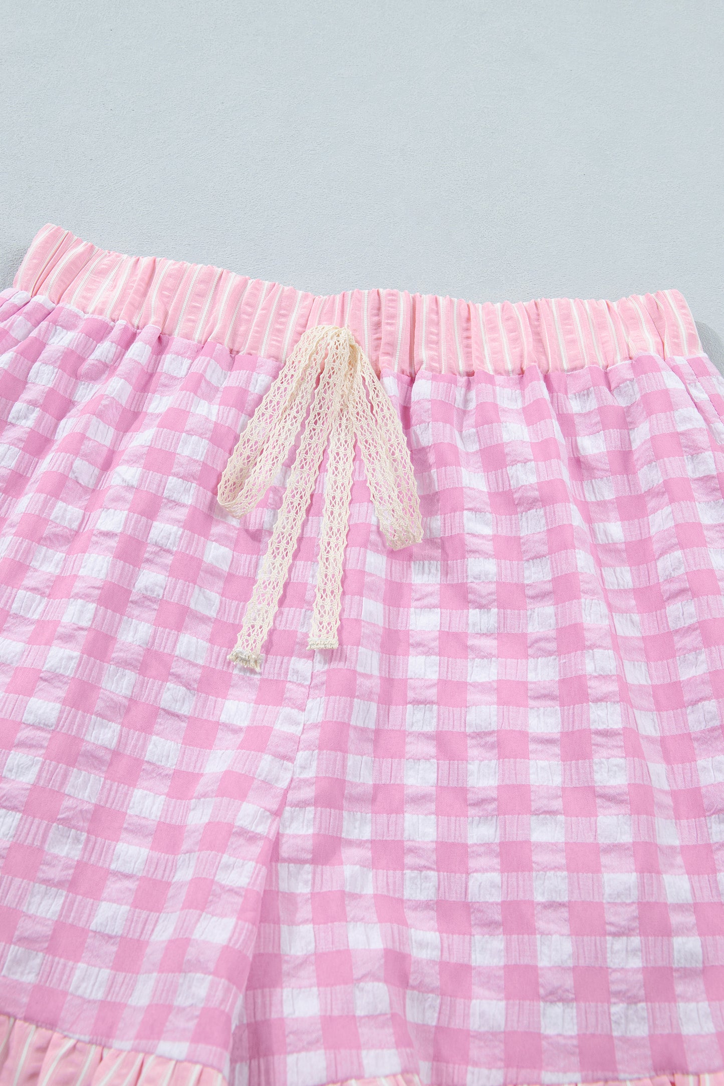 Gingham Print Ruffle Striped Detail Lace Tie Shorts -3 COLOR OPTIONS