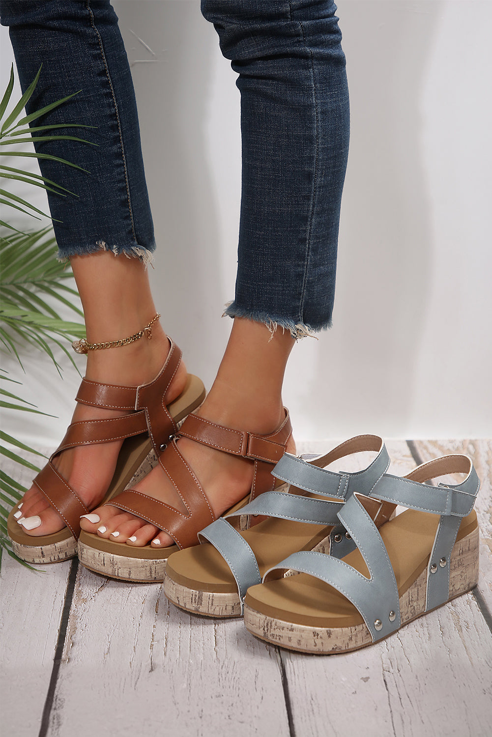 Hollow Out Velcro Leather Wedge Slides Shoes- 2 COLOR OPTIONS