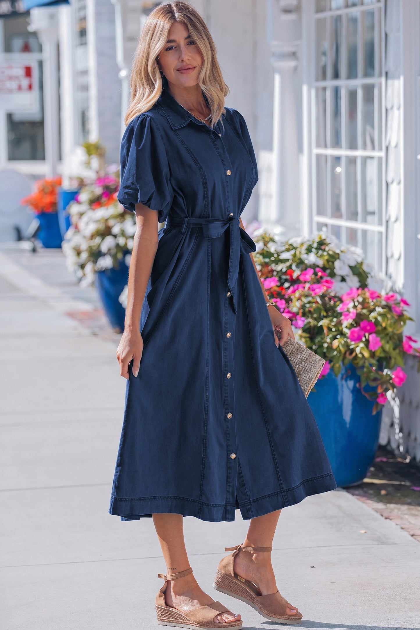 Sail Blue Full Buttons Collared Short Bubble Sleeve Long Denim Dress -2 COLOR OPTIONS
