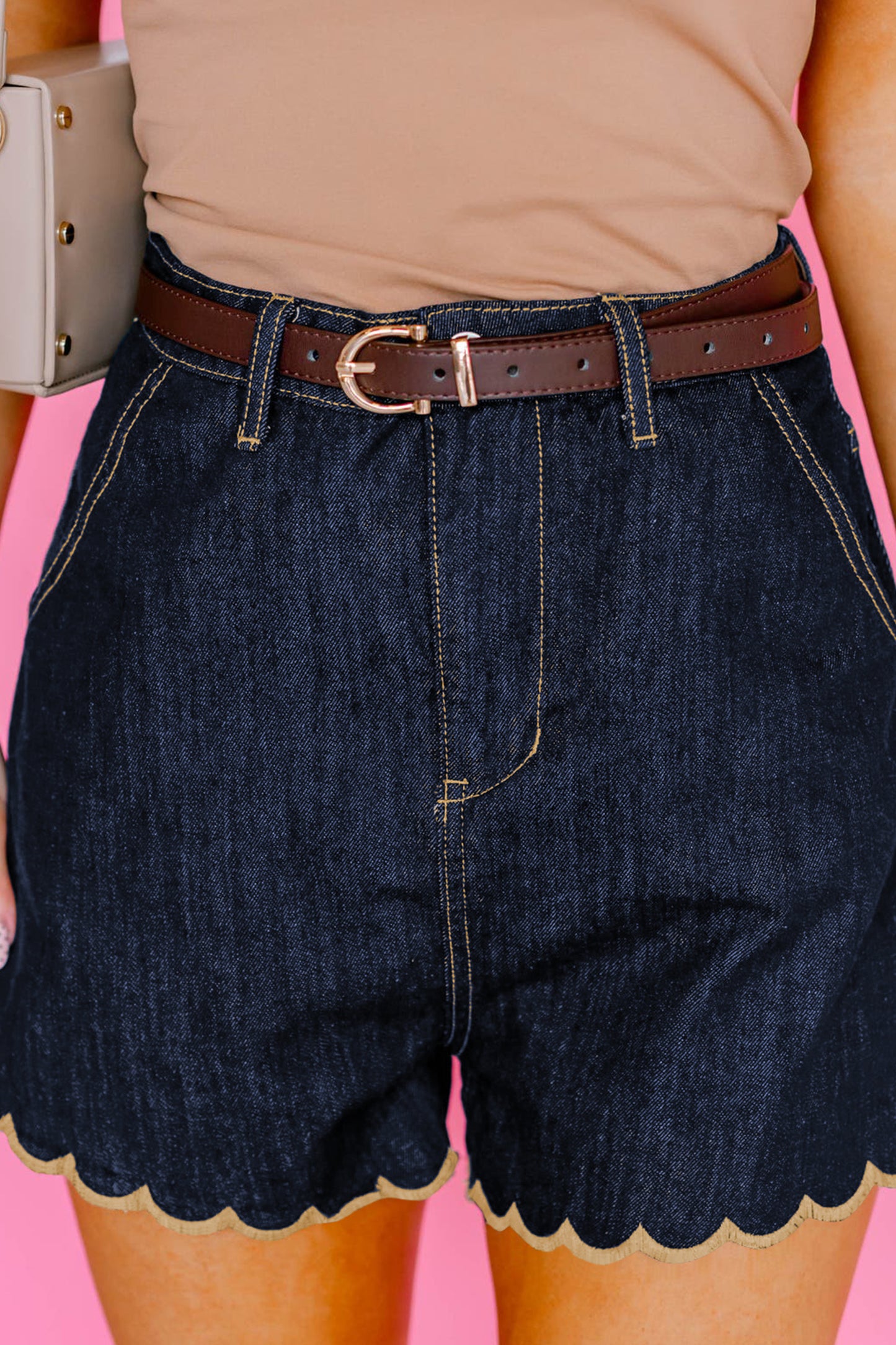 Embroidered Scalloped Trim Relaxed Denim Shorts- 2 COLOR OPTIONS