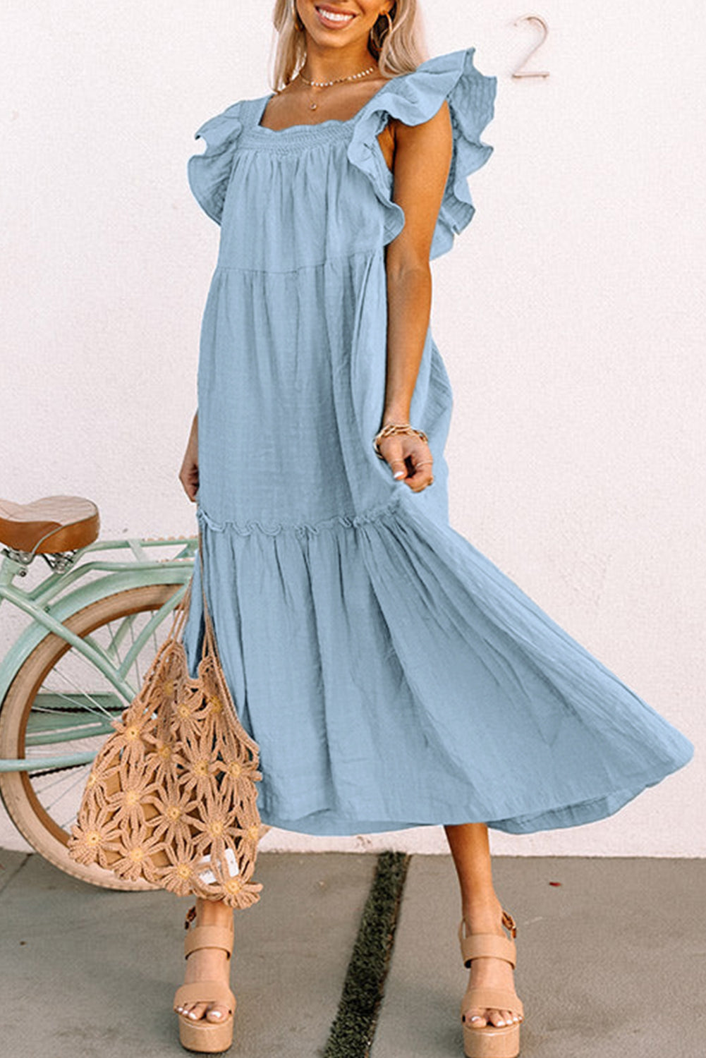 Ruffled Flutter Sleeve Square Neck Textured Tiered Maxi Dress -3 COLOR OPTIONS