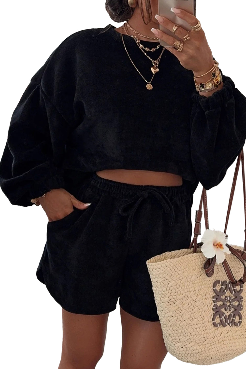 Textured Knit Drop Shoulder Pullover Drawstring Shorts Set -4 COLOR OPTIONS