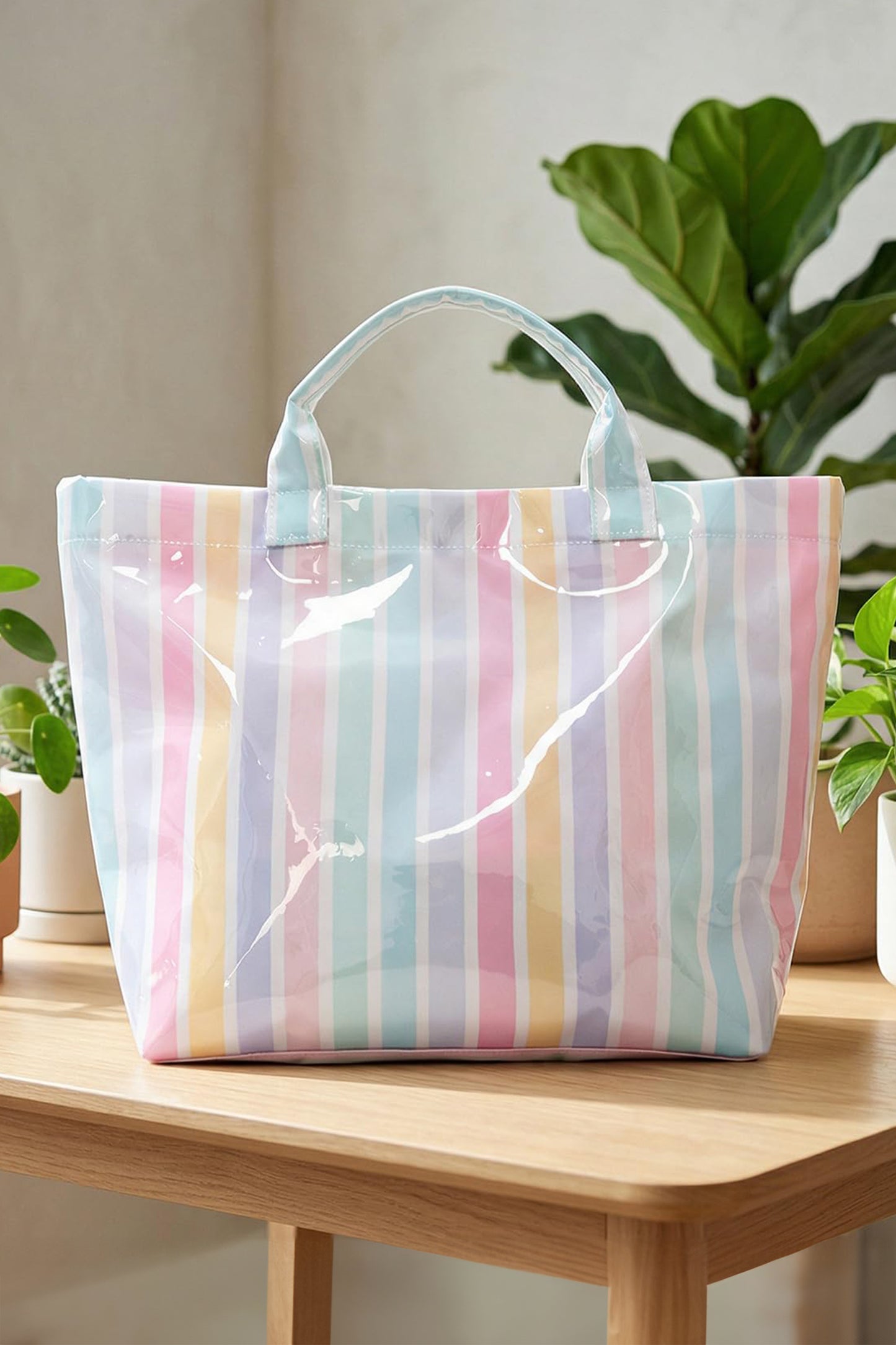 Rainbow Glossy Striped Vinyl Large Tote Bag -8 COLOR OPTIONS