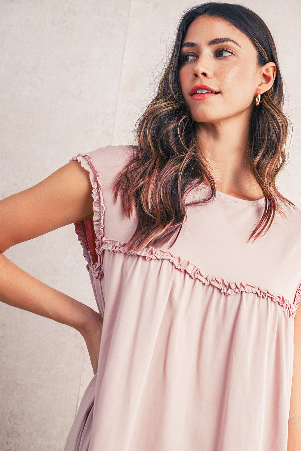 Frilled Trim Crewneck Loose Fit Mini Dress -2 COLOR OPTIONS