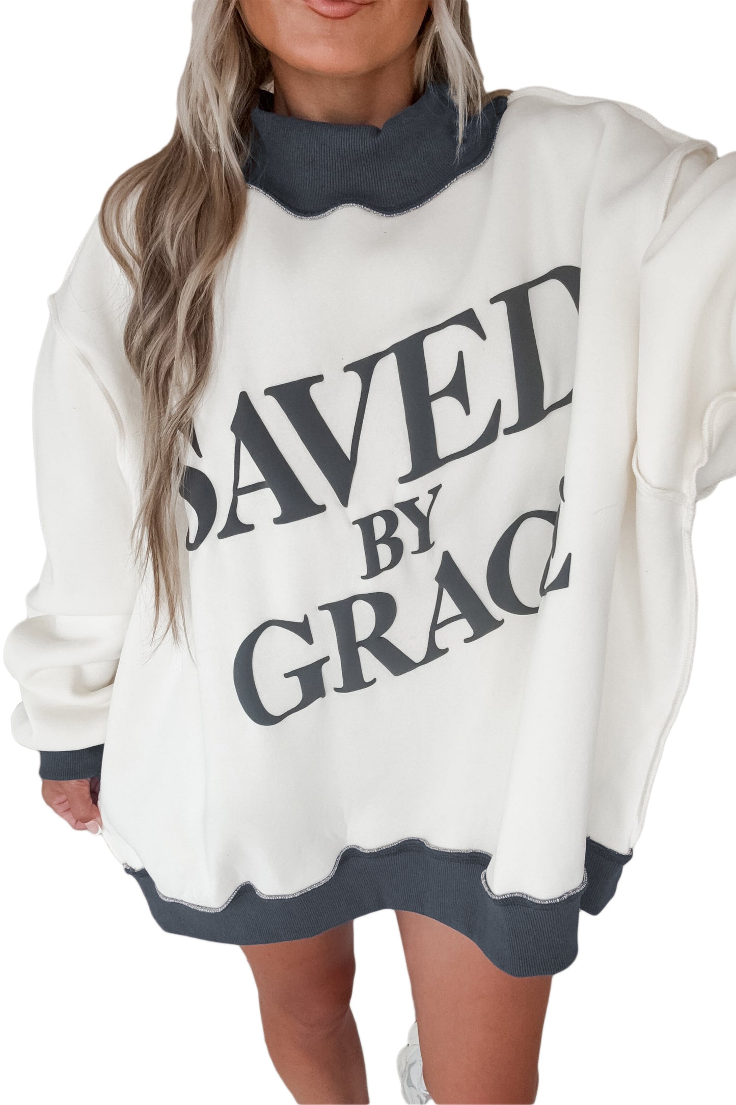 Saved By Grace Print Color Block Mock Neck Oversized Sweatshirt -2 COLOR OPTIONS