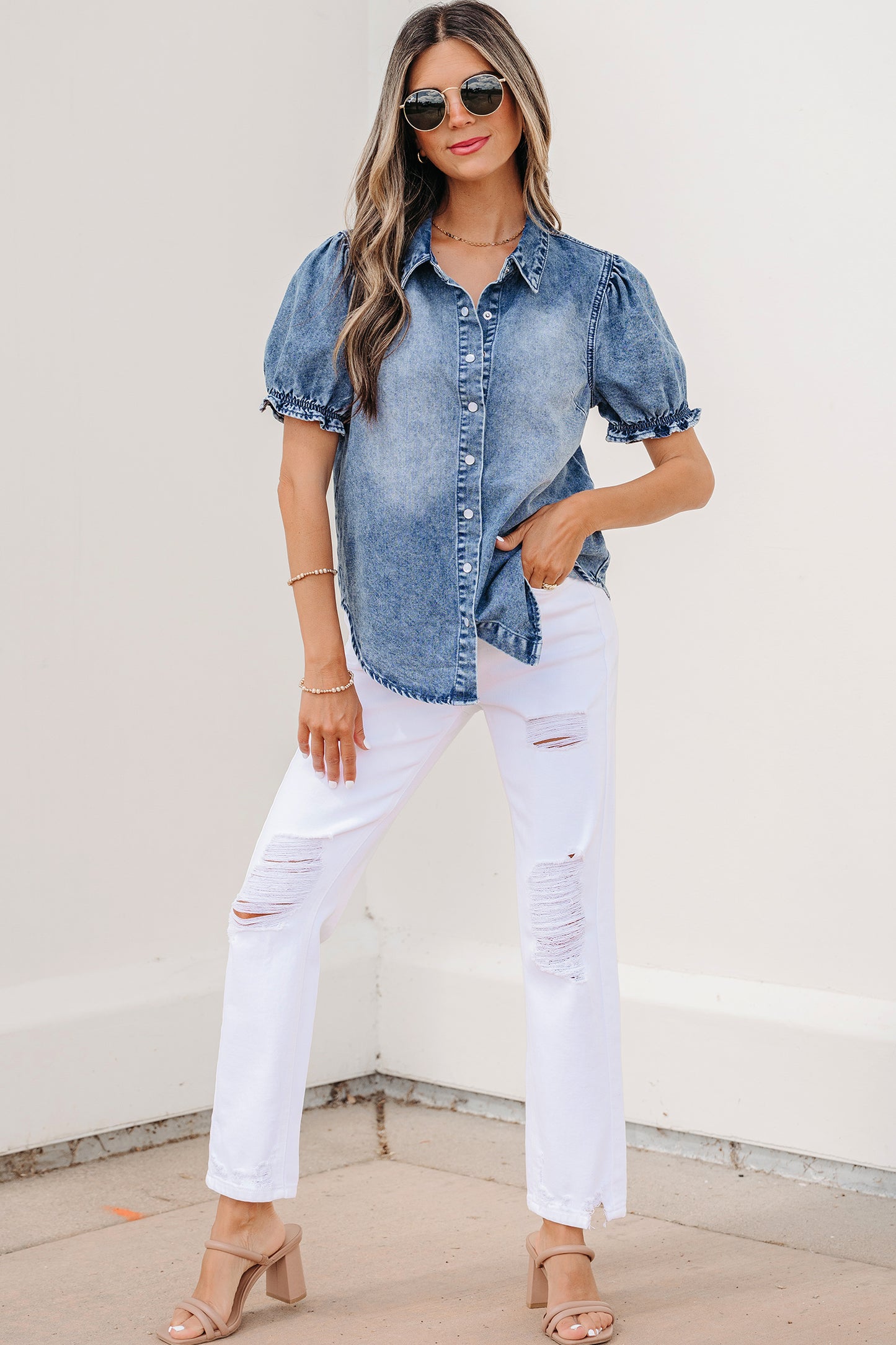 Beau Blue Frilled Short Sleeve Snap Button Denim Shirt