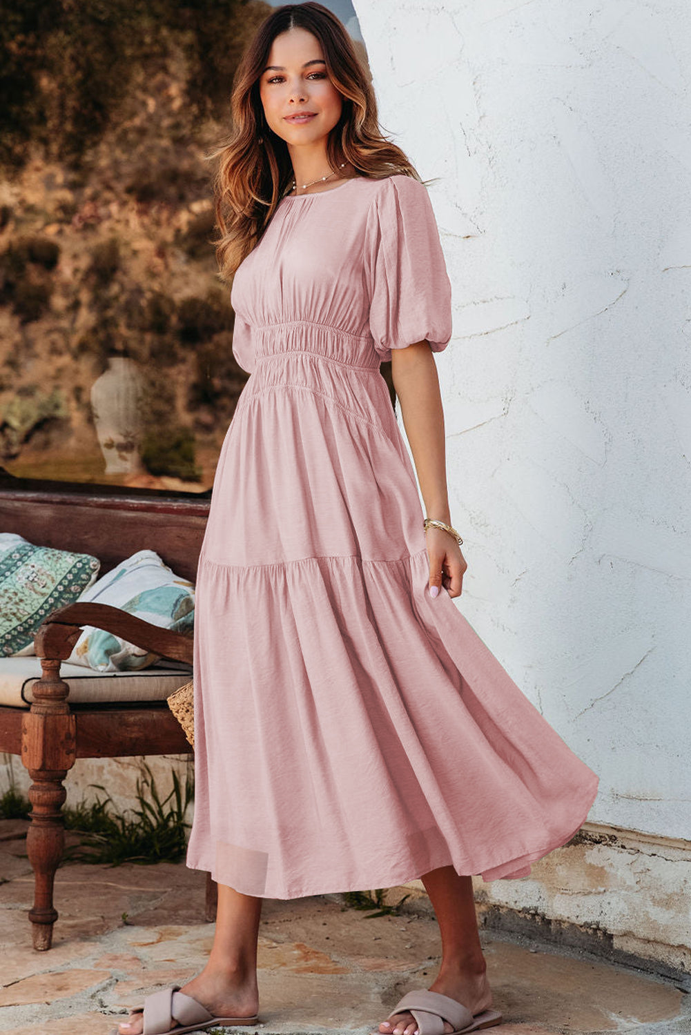 Puff Sleeve High Waist Flowy Midi Dress -2 COLOR OPTIONS