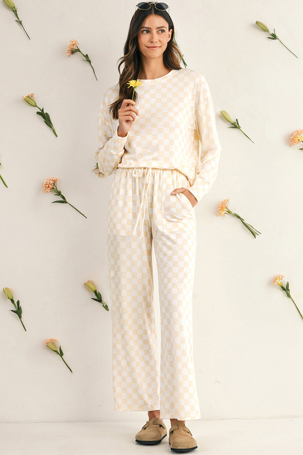 Beige Checkered Print Long Sleeve Loose Fit Pajama Set