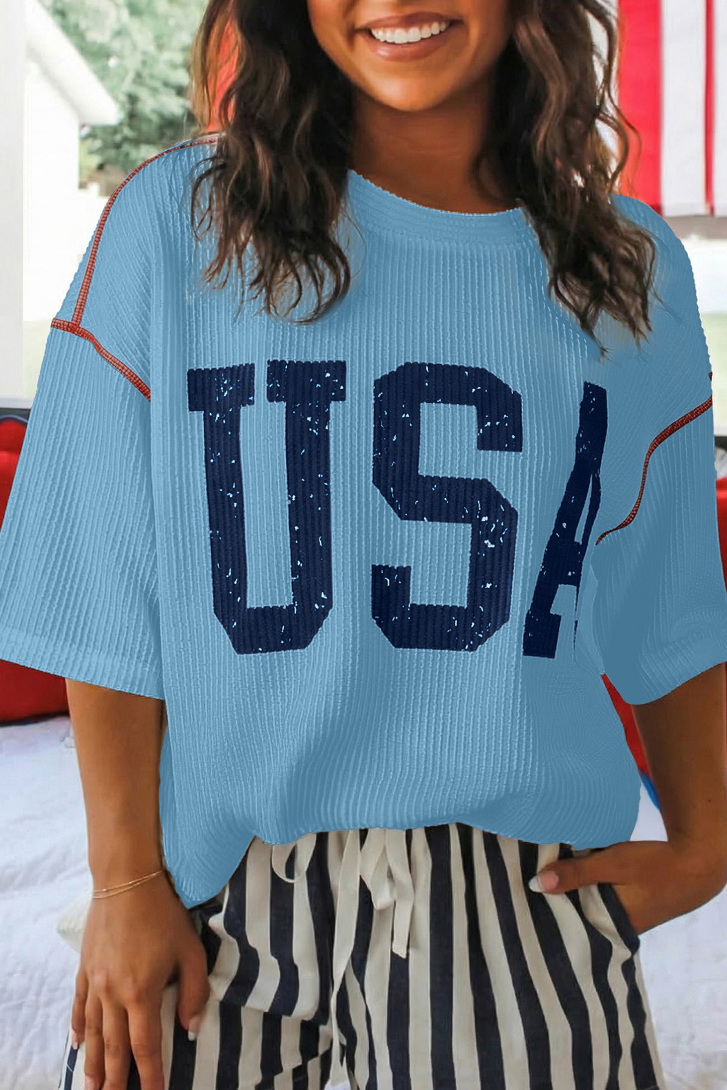 USA Graphic Half Sleeve Loose Ribbed Top -3 COLOR OPTIONS