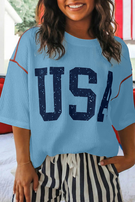 USA Graphic Half Sleeve Loose Ribbed Top -3 COLOR OPTIONS