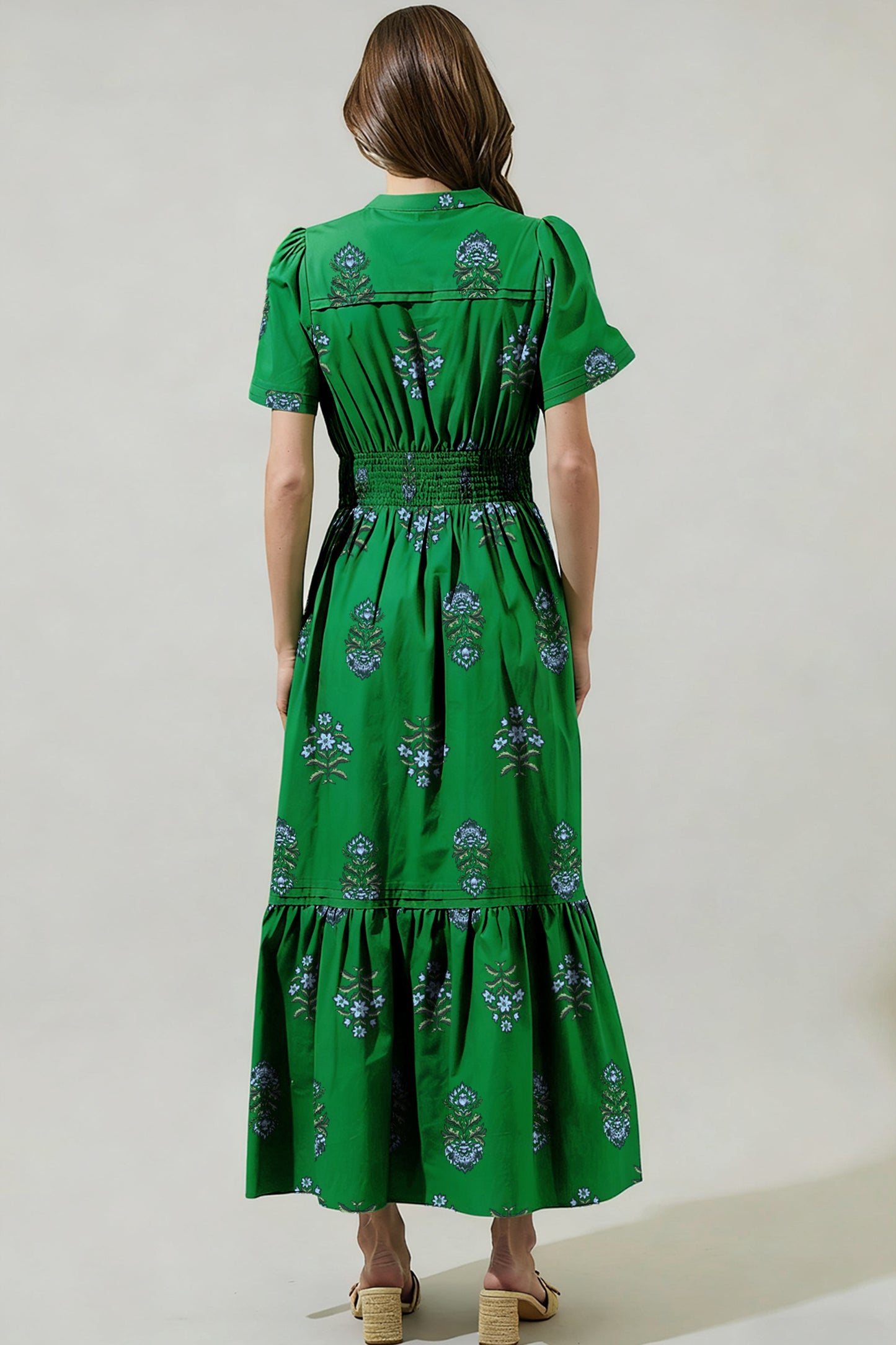 Floral Print Split Neck Shirred High Waist Ruffle Hem Maxi Dress -2 COLOR OPTIONS