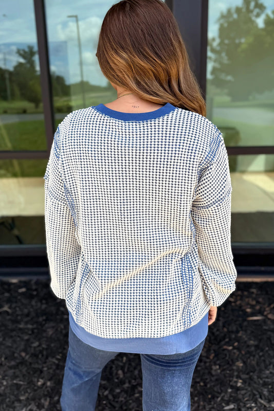 Dark Blue Waffle Knit Exposed Stitching Casual Top