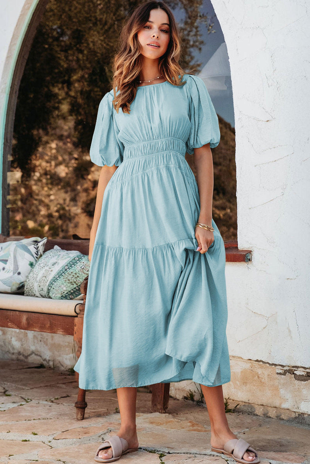 Puff Sleeve High Waist Flowy Midi Dress -2 COLOR OPTIONS