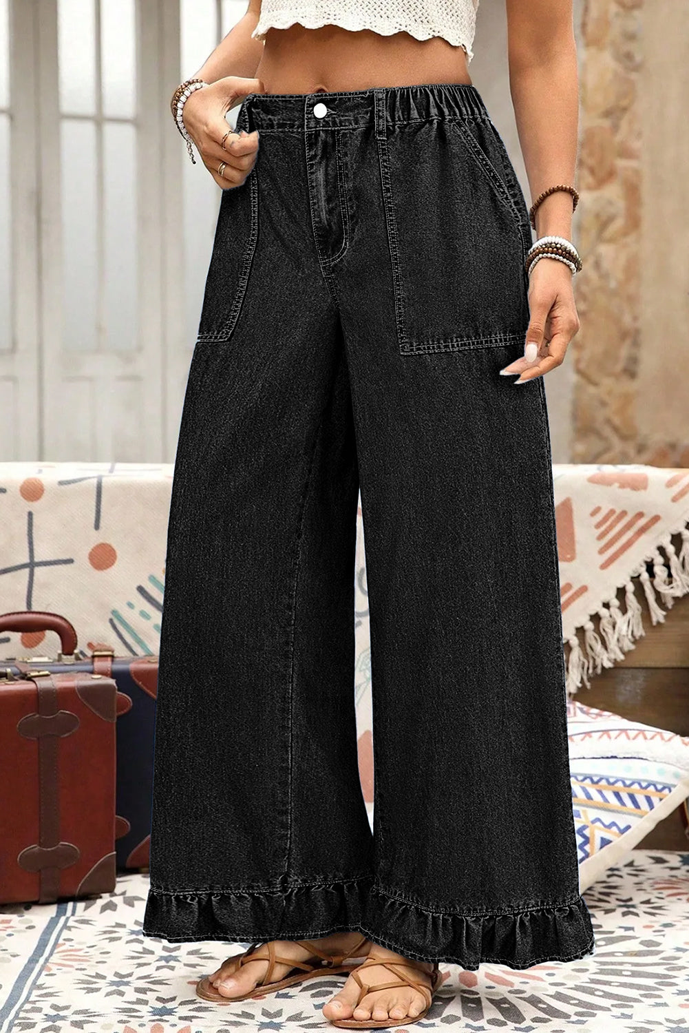 PLUS SIZE -Elastic Waist Ruffled Wide Leg Denim Pants Plus Size -4 COLOR OPTIONS
