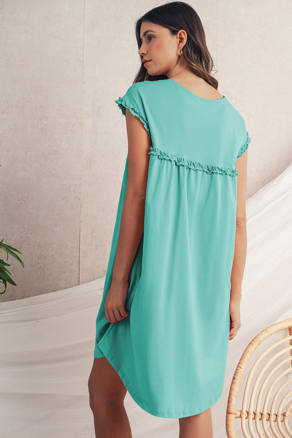Frilled Trim Crewneck Loose Fit Mini Dress -2 COLOR OPTIONS