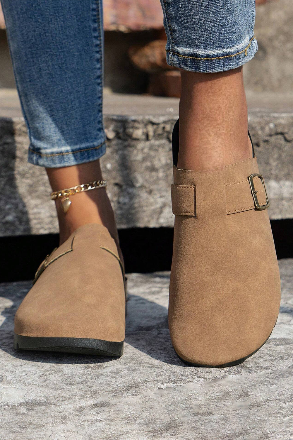 Light French Beige Faux Suede Retro Buckle Round Toe Mule Slippers