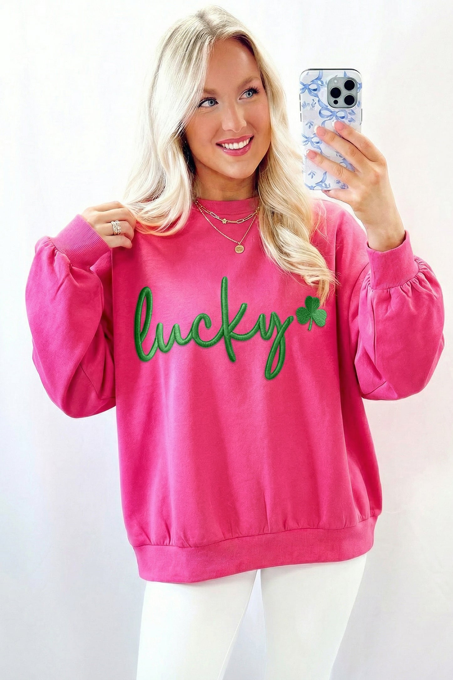 Pink Lucky Clover Embroidered Loose Pullover Sweatshirt