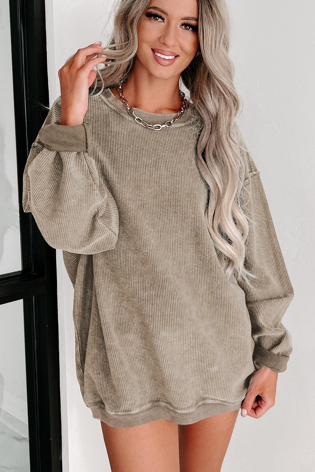 Solid Ribbed Round Neck Pullover Sweatshirt -Variety of Colors
