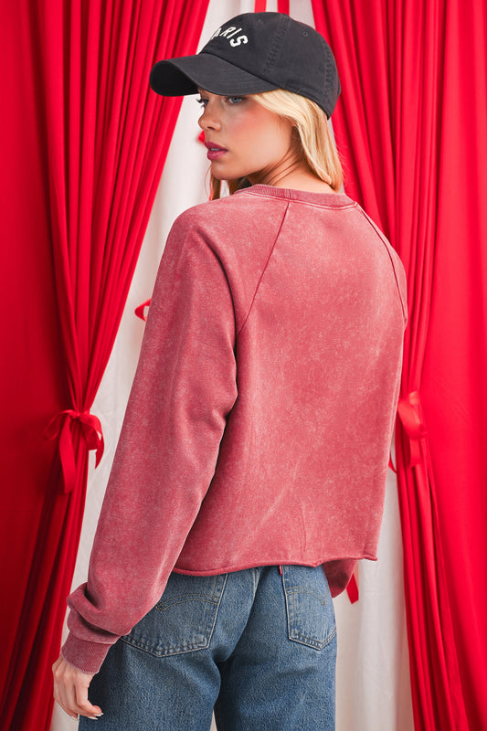Racing Red Wash Solid Color Pullover Sweatshirt