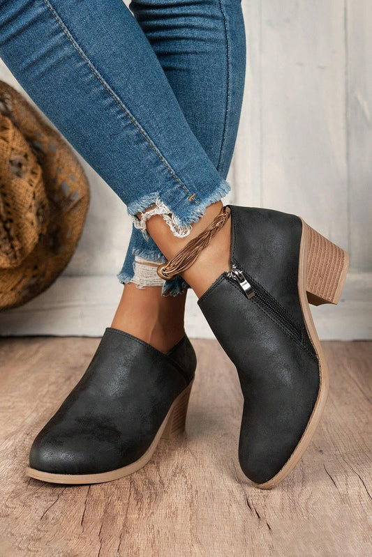 Suede Block Heel Ankle Boot -3 Colors