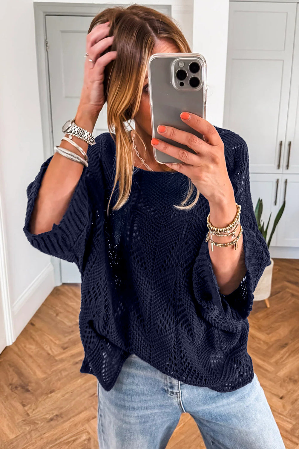 Hollow Out Knit 3/4 Sleeve Casual Sweater -2 COLOR OPTIONS